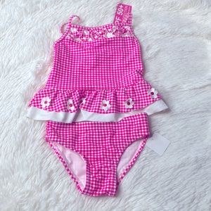 Flapdoodles Pink White Check Flower Two Piece Girl’s Tankini Bikini Set Size 2T